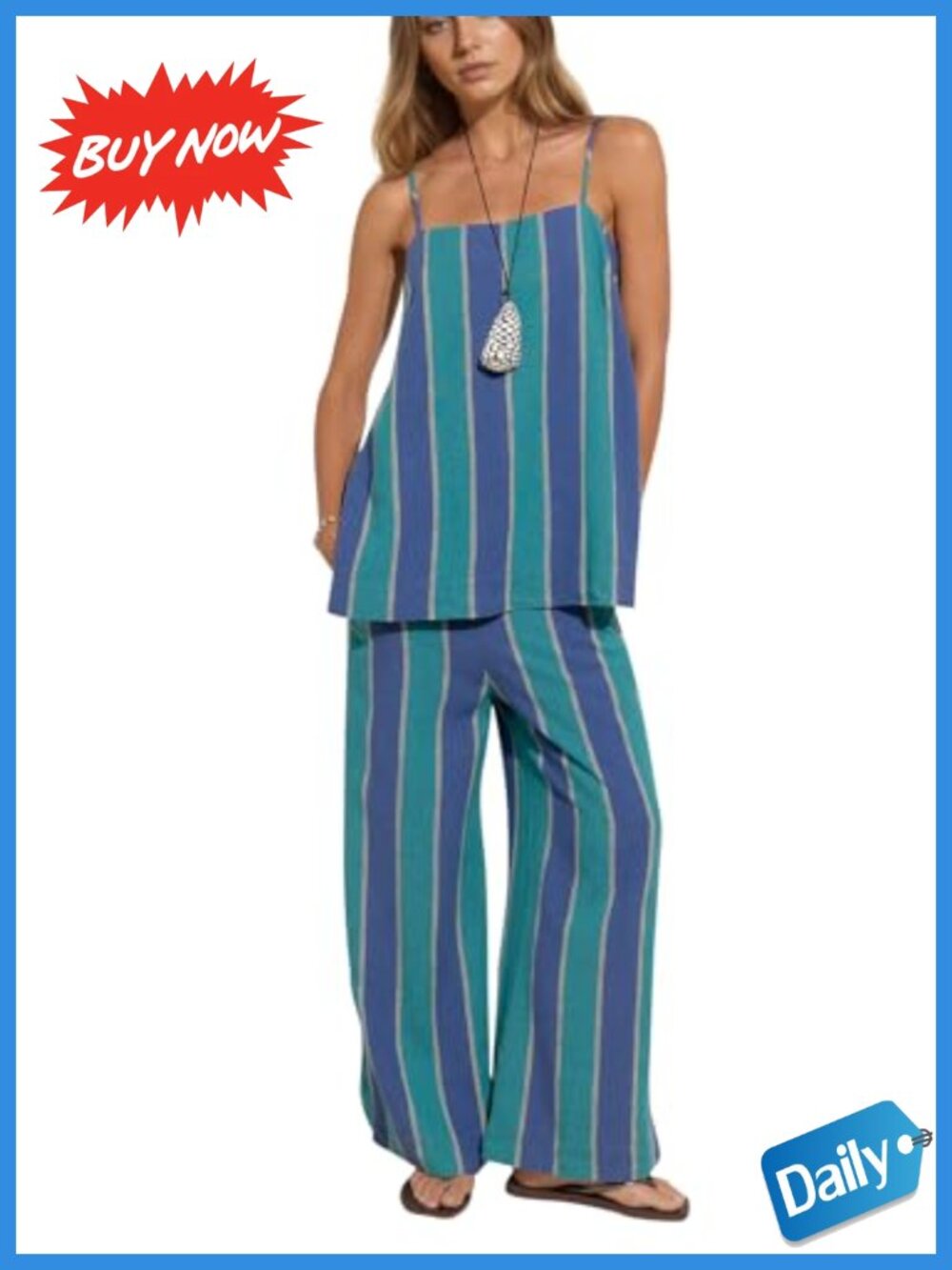 Striped Linen Blend Lounge Set Sleeveless Cami Wide Leg Pants Vacation